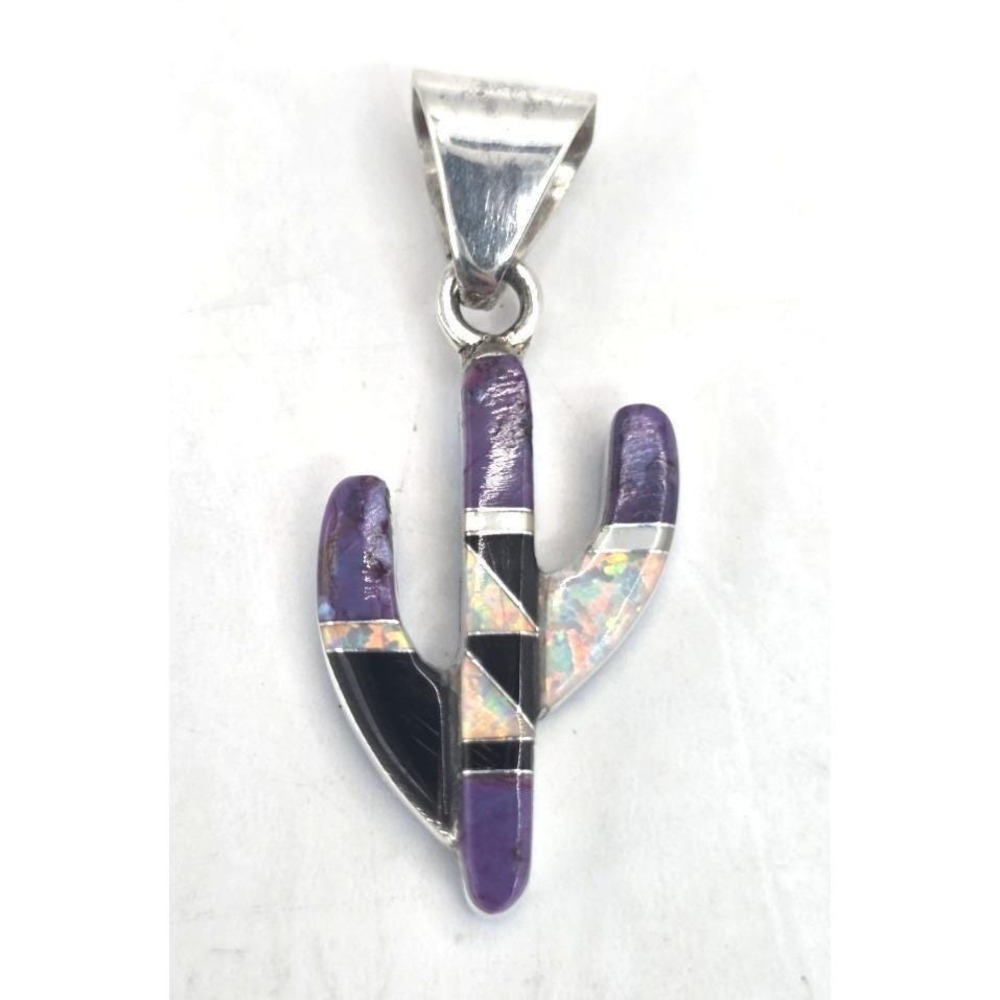 Multi-Gemstone Cactus Shaped Pendant Sterling Silver Inlays Double Sided NEW